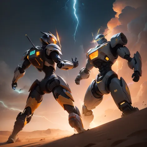 Create a thrilling scene where two transformative robots are facing off in a vast desert during sunset. The energy of battle creates a dance of shadows and lights over the sand dunes.

Appearance of Robots:
Two imposing transforming robots dominate the des...