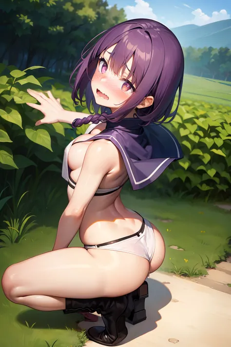 best quality, masterpiece, (from above:1.3), squatting, spread legs, (peeing:1.3), hidden, 1girl, yuzuriha_(jigokuraku), purple hair, brown eyes, ninja, open clothes, cleavage, small breasts, topknot, medium hair, white obi, (looking back:1.1), outdoors, f...