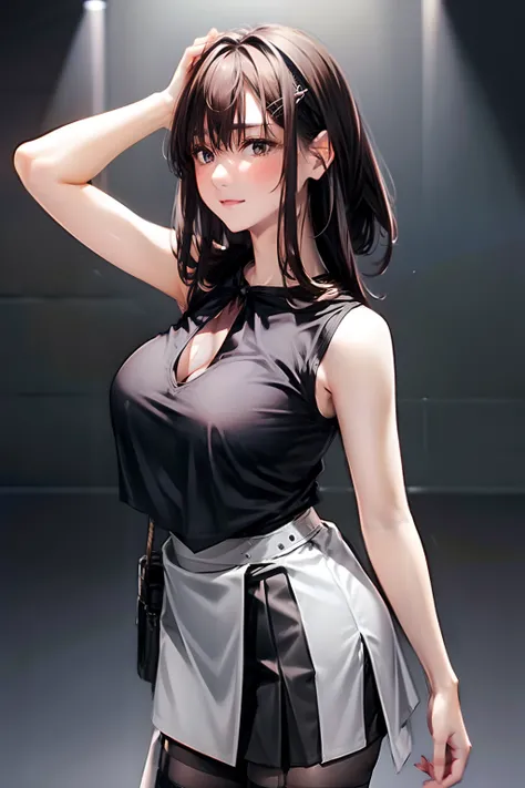 a black skirt　neck tie　Black tank top　　　　　　　Brown hair　long　Gray eyes　　holster　　Garter belt on the legs 　　　　large full breasts　　hands above your head　Colossal tits　Pichi Pichi clothes　both sides