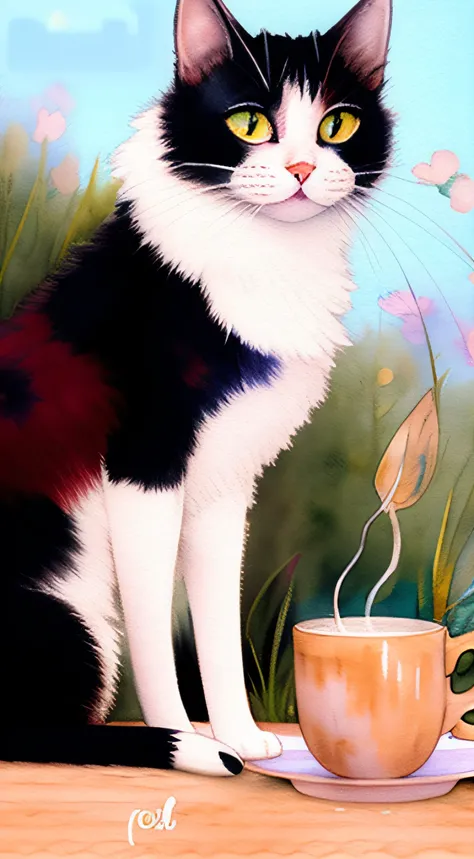 gato fofo tomando cafe ,estilo wtrcolor, (rosa) Arte Digital, Arte Oficial, soprado pelo vento, obra-prima, lindo, ((Aquarela)), respingos de tinta, detalhes intrincados. grande detalhe, [pingando: 0,7], Trend after Artstation, Raquel Walker