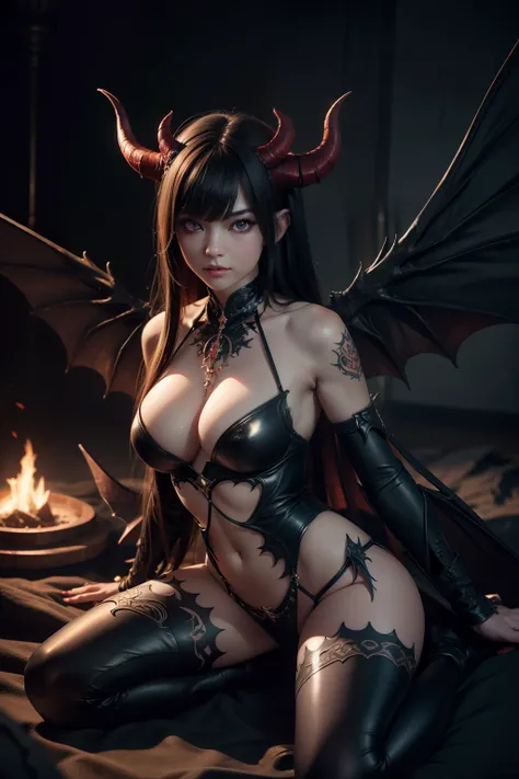 one demon girl, Masterpiece, Best quality, High quality, hight detailed face, Depth of field, HDR, Very detailed, ray tracing, full body, dark fantasy, big demon wings, demon tail, demon horns, demon tatoos, sexy pose