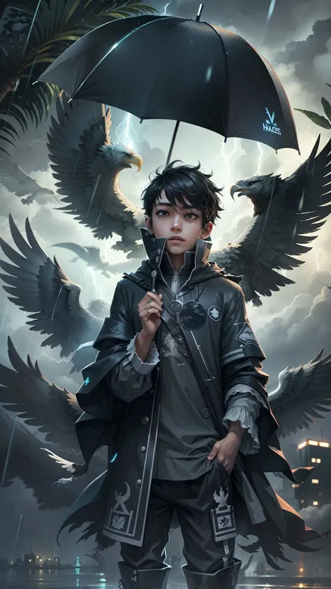 A boy with eagles, in hacker dress, in rain with umbrella,night lightning baground, gogle, in black color