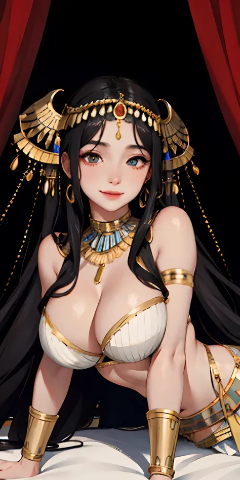 realisticlying、Ancient Egypt、Girls in Cleopatra style、Clothing in the time of the pharaohs、Slightly emphasizes breasts and cleavage、Face Real、A sexy、Face smile、Breasts enlarged