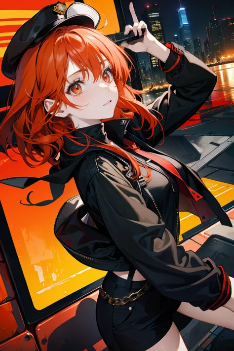 Solo, 1 girl, red orange hair girl, brown eyes, seductive and cute girl, modern city night, black outfit, undercover cop