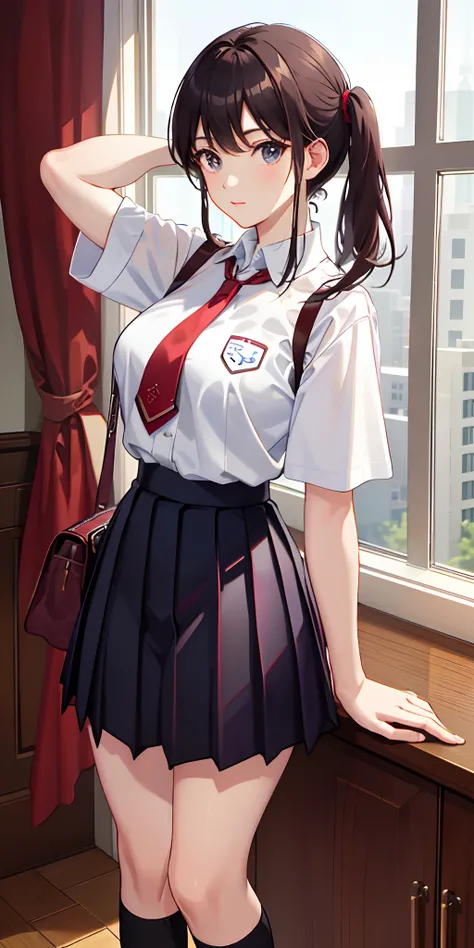 Masterpiece, Best quality, A high resolution, mashi1, Solo, school uniform, red necktie, Pleated skirt, shirt, White socks, kneehighs, Short sleeves, sweater vest, Breasts, standing, Cowboy shot, arms back behind,