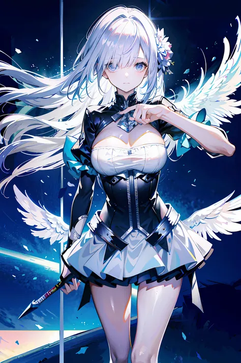 silber hair，long whitr hair，8k wallpaper，detailedbackground，Highest high resolution，deep v big breasts，Hair covers one eye，Bandeau，chies，angelicales，tight-fitting，stocklings，feater，wings，Skysky