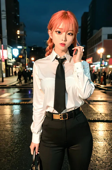 (8k, RAW photo, best quality, masterpiece:1.2), (realistic, photo-realistic:1.37), 1girl, (Kpop idol), (aegyo sal:1), serious face, cityscape, night, rain, wet, professional lighting, photon mapping, radiosity, physically-based rendering, makima (chainsaw ...