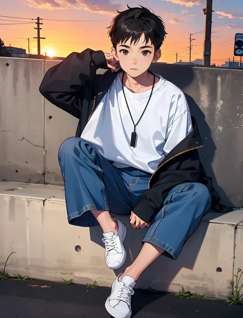 a young boy with，wear a denim jacket，wear sneakers，with a necklace，wrist watch，sit on a wooden bench by the side of the road，loo...