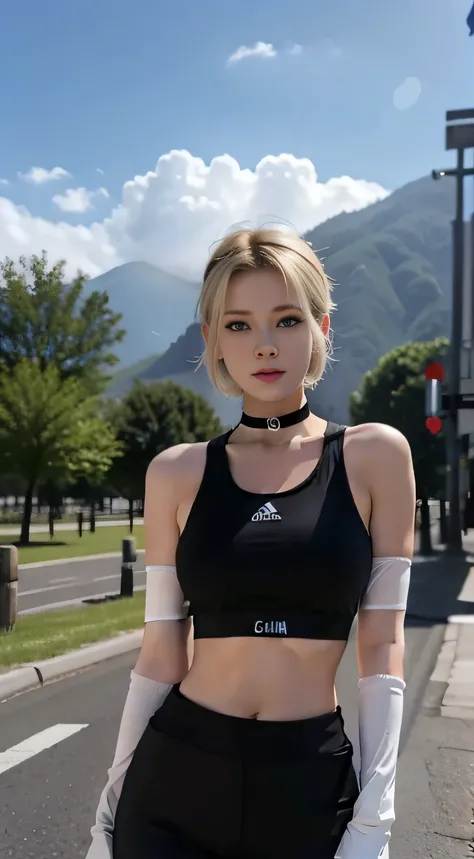 Masterpiece, Best quality, A high resolution, 1girll, cammy white, Short hair, Antenna hair, Blue eyes, scar on the cheek, Large breasts, Black choker, 鎖骨, Sports bra, midriff, Fingerless gloves, Black gloves, Black pants, standing, Cowboy shot, Outdoors, ...