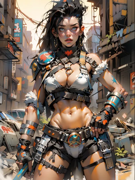 nijistyle, (((female))), (((best quality))), (((masterpiece))), (((adult))), A 35 year old barbarian queen with tiny thong in a post-apocalyptic world, hand with steel gloves and metal tips, (( under boobs )), (( Tiny thong )), quase nua, Simon Bisley styl...