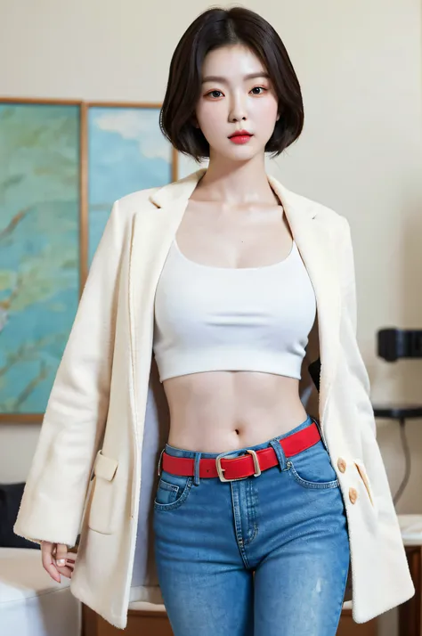 Outdoor, seaside, bikini, red scarf, plump breasts, ((big eyes)), abs, bright lipstick, asian woman in white coat and jeans, black belt, short hair, posing for photos, a realistic painting by Zhang Han, Instagram, Shin hanga, korean female fashion model, g...