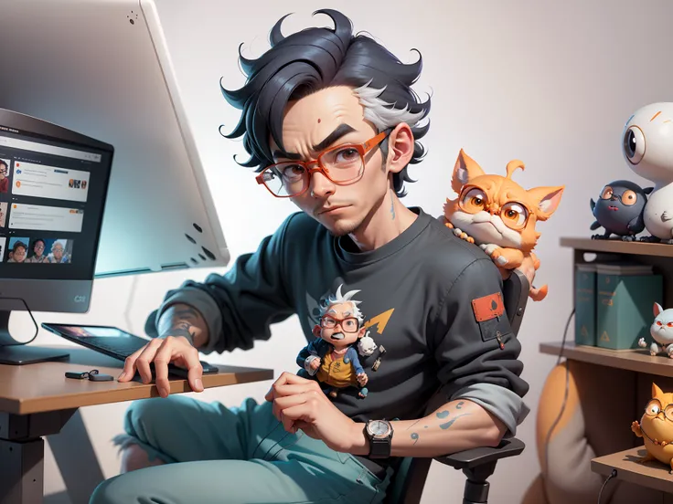 A young man with glasses sits at his desk，holding laptop，digitial painting，3D character design by Mark Clairen and Pixar and Hayao Miyazaki and Akira Toriyama，4K HD illustration，Very detailed facial features and cartoon-style visuals。