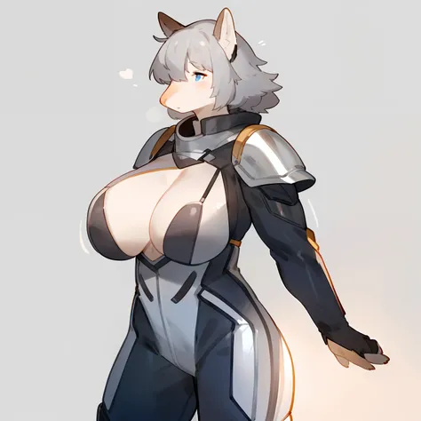 By bebebebebe, by spuydjeks, by buta99, by spikedmauler, solo, standing, female, ((hair, snout)), muscular, steel plate chest plate, big breasts, metal shoulder pads, silver spacesuit,