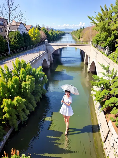 there is a woman on the stone arch bridge woman holding a white umbrella there are willow trees next to the bridge there is a cl...