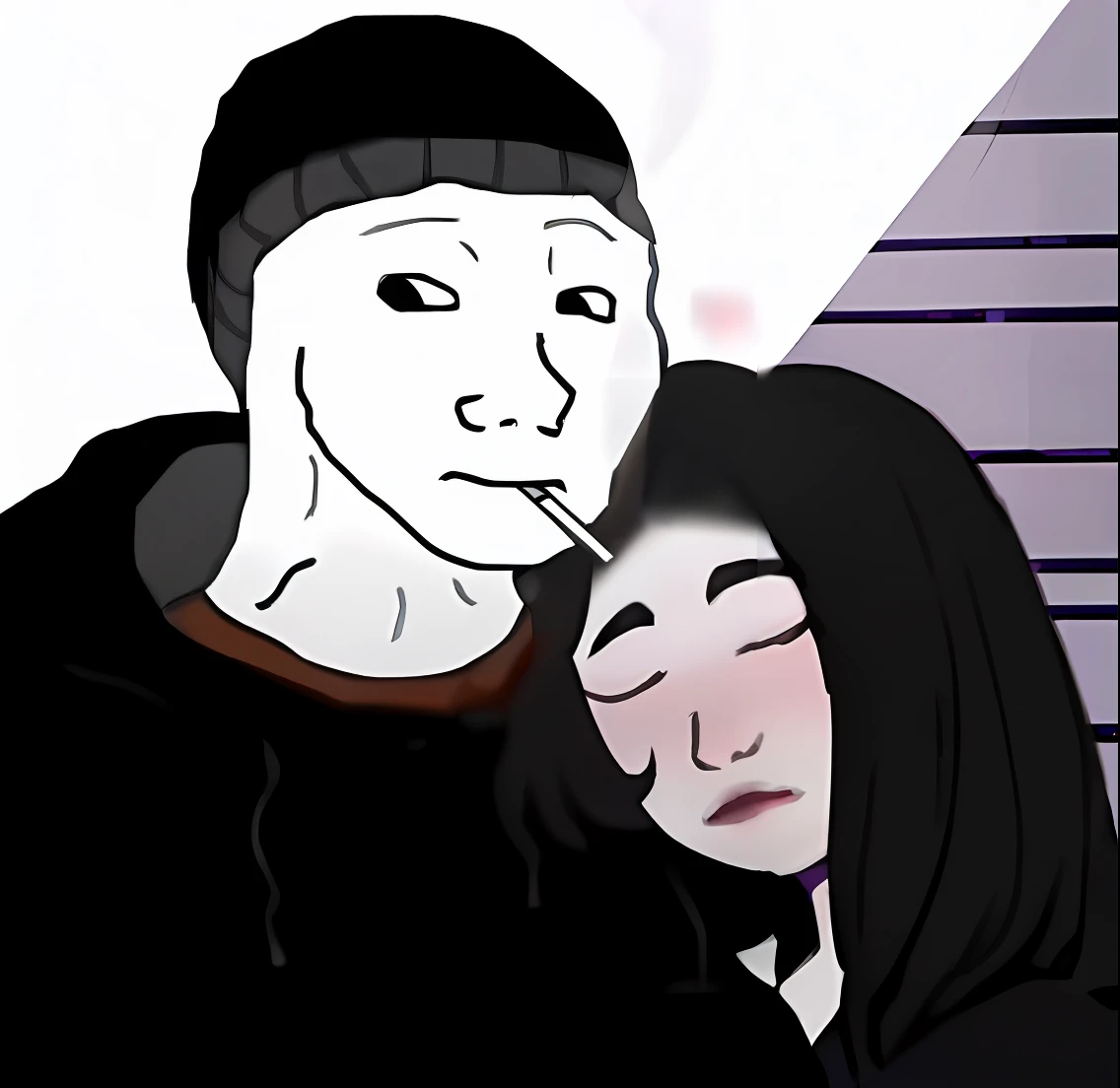 Caricature of a man and woman with cigarettes in their mouths, twisted god with no face, they are smoking, In the anime, with no face, Red Dieter meme, dank meme, ahegao, no face mask, No faces, ahegao face, the mask covers her entire face, very very creep...