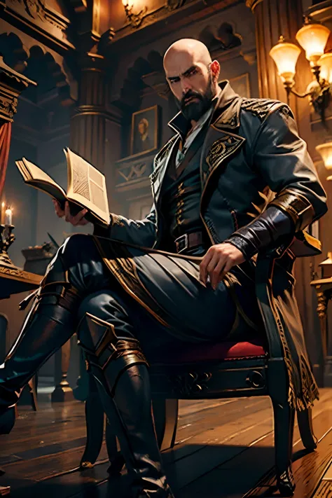 Castlevania Shadow Lord Bald Beard Handsome sitting in a large legendary riad Super detailed hyper realistic reading book Dynamic pose