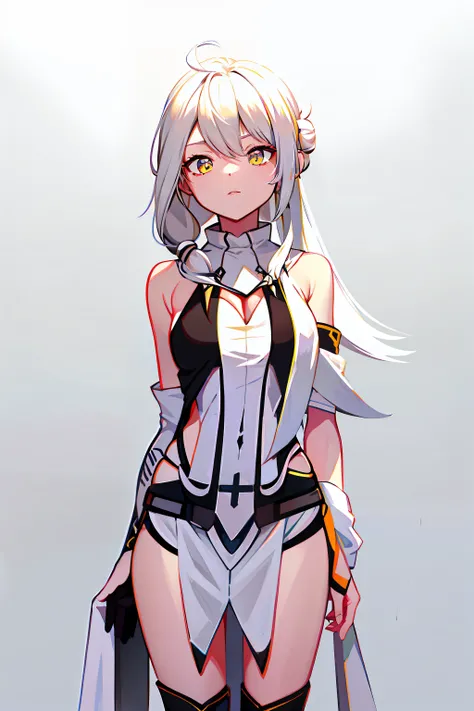 Kizi，standing on your feet，White hair，long whitr hair，solo person，The upper part of the body，cowboy lens，greybackground，Yellow eyes，White color blouse，black cloaths，Short white dress，Yellow scarf，Petite figure