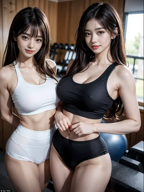 ((top-quality、​masterpiece:1.2、8K、portlate、Reality Photography、Beautiful bright dimming、Raw photo、超A high resolution))、(((Lovely woman)))、((Natural hair、F-cup、Tight sportswear、GYM))、(Big smile)、((Puppy eyes))、beautifull detailed face、Beautiful detailed ski...