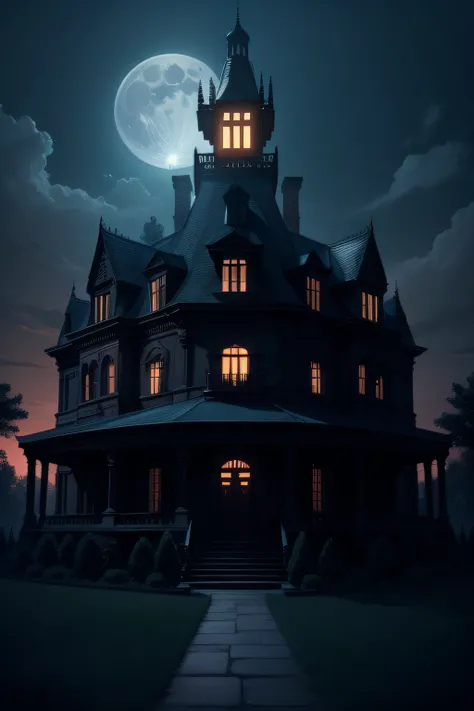 mansion evil haunts at night with full moon and lights on on top of a hill