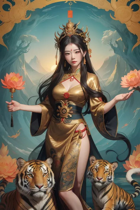 an ancient Chinese goddess, guanyin of the southern seas, Guanyin, Inspired by China, Avalokiteshvara rides a tiger，,Serene expression,shui mo hua,Buddha,Buddhist,Lotus,Chinese painting style,Thangka style