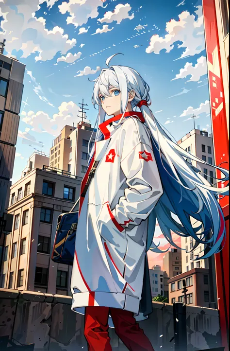 (tmasterpiece，best qualtiy)，A beautiful boy with long white hair，blue color eyes，Sweatshirt，communism，socialism，Red sky，Clouds，One guy，droid，buildings，sci-fy，城市