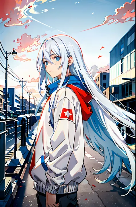 (tmasterpiece，best qualtiy)，A beautiful boy with long white hair，blue color eyes，Sweatshirt，communism，socialism，Red sky，Clouds，One guy，droid，buildings，sci-fy，城市