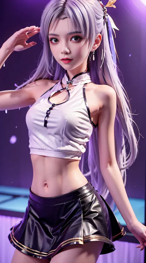 silver-gray hair，wearing a white wet t-shirt，little skirt dancing girl