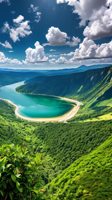 Masterpiece, ultimate quality, Cg unity 8k wallpaper, super delicate, beautiful sky and clouds, rich natural scenery, cliffs, lakes and rivers, waterfalls and flying water, beautiful green mountains, no trace of people, excellent scenery, has already won a...