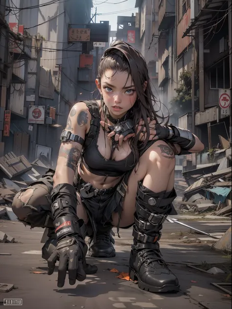 Nijistyle, (((female))), (((best quality))), (((master part))), (((adulto))), A post-apocalyptic barbaric floss in a post-apocalyptic world, hand with steel gloves and metal tips, pele limpa, (( estrelas sob os peitos )), (( Tiny floss )), quase nua, Estil...