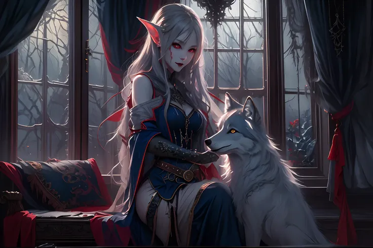 a picture of vampire elf in her castle and her pet wolf, an exquisite beautiful female elf vampire (ultra detailed, masterpiece,...