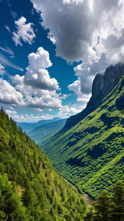 Masterpiece, ultimate quality, Cg unity 8k wallpaper, super delicate, beautiful sky and clouds, rich natural scenery, cliffs, lakes and rivers, waterfalls and flying water, beautiful green mountains, no trace of people, excellent scenery, has already won a...