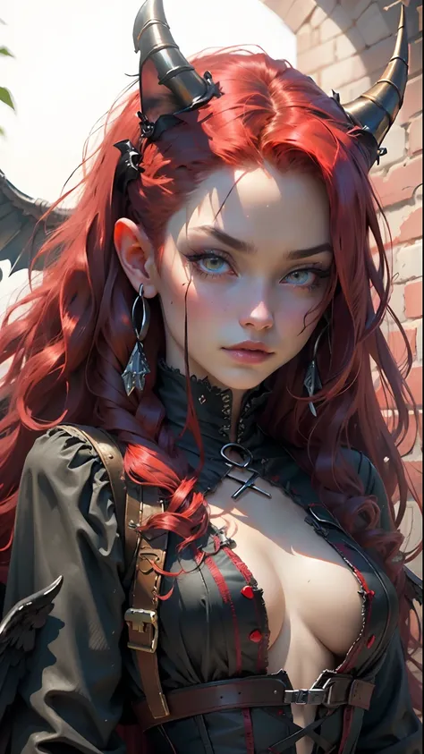 masterpiece, best quality, realistic, a demon girl, long red hair, corset horns, black wings, cat eyes, dark environment