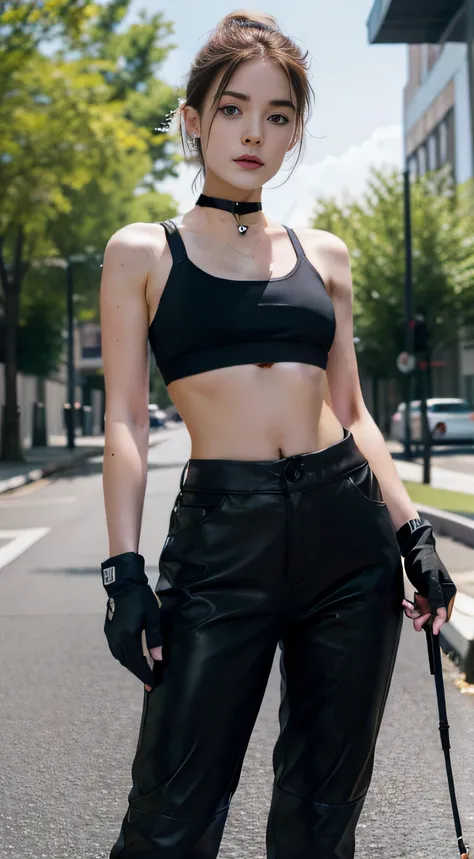 Masterpiece, Best quality, A high resolution, 1girll, cammy white, Short hair, Antenna hair, Blue eyes, scar on the cheek, Large breasts, Black choker, 鎖骨, Sports bra, midriff, Fingerless gloves, Black gloves, Black pants, standing, Cowboy shot, Outdoors, ...