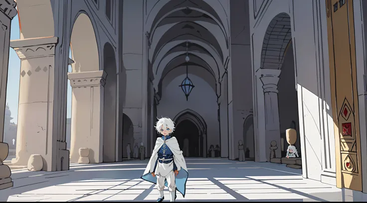 A baby boy with white hair and blue eyes playing inside the royal palace, In ancient times