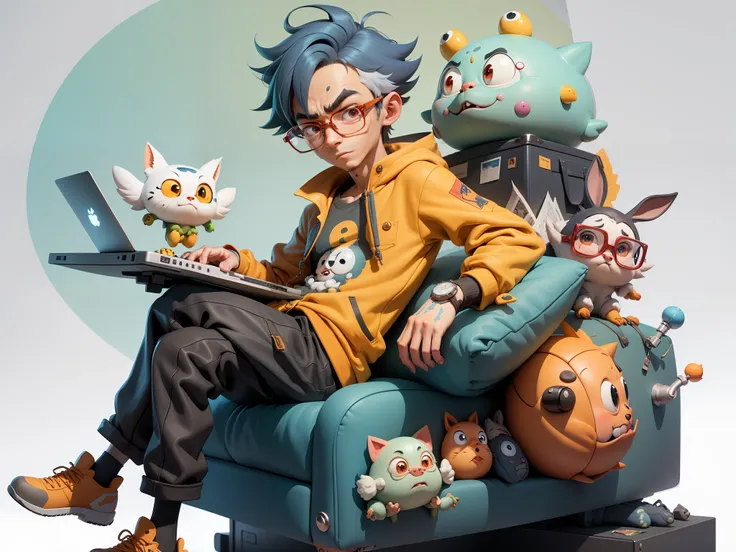 A young man with glasses sits at his desk，holding laptop，digitial painting，3D character design by Mark Clairen and Pixar and Hayao Miyazaki and Akira Toriyama，4K HD illustration，Very detailed facial features and cartoon-style visuals。