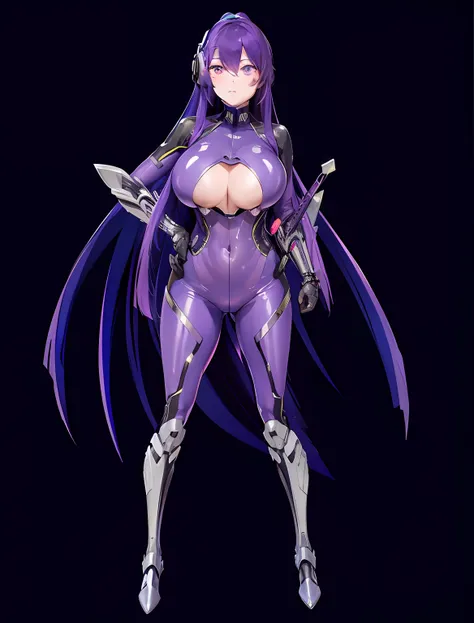 （akiyama rinko、Slender woman）, Purple transparent bodysuit with emphasis on body lines, Female Solo, Full body bodysuit, Sit on a sparkling pink pipe, Mechanical chair, Plump breasts, exposed lower chest, torpedo tits, Hart Nipples, Blue-purple hair, Ponyt...