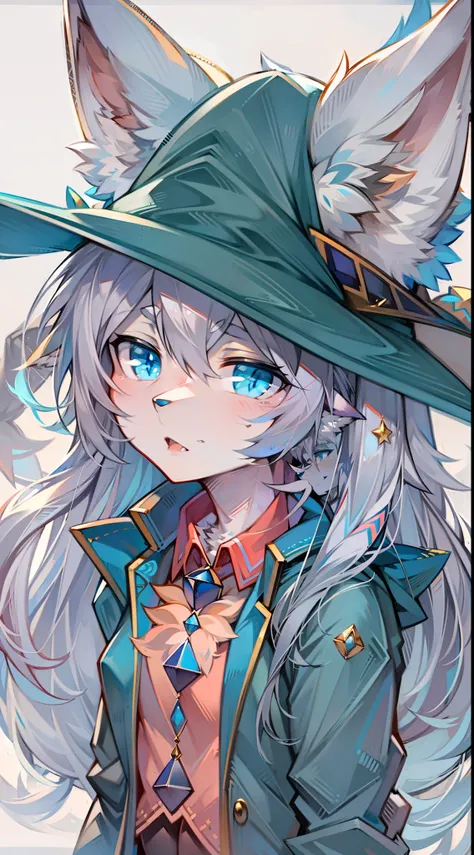 starrysky，Big-tailed wolf，blue color eyes，Gray hair，Witch hat，