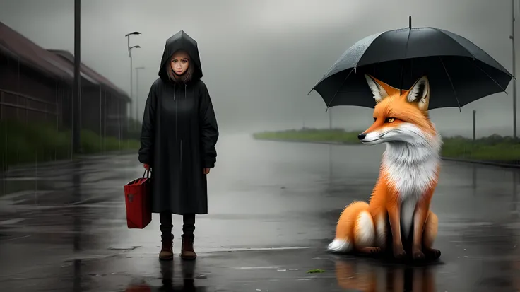 Fox Maiden Lonely Poor Human Rainy Day Scared Look Wandering