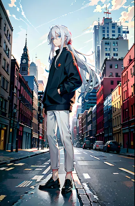 (best qualtiy，tmasterpiece)，One has long white hair、Beautiful boy with blue eyes，Wear a sweatshirt、long trousers，Associated with socialism and communism，There are signs of hammers and sickles，Red sky and floating clouds，A robot，Communist style building，vie...