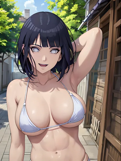 (masterpiece, 1k, anime style:1.9, (detailed anime background, big breasts, big boobs, open mouth, high color saturation, bold drawing lines, (strong arms, muscular arms, flat belly), detailed bold arm lines), strong arms, strong light on body, plain, bare...