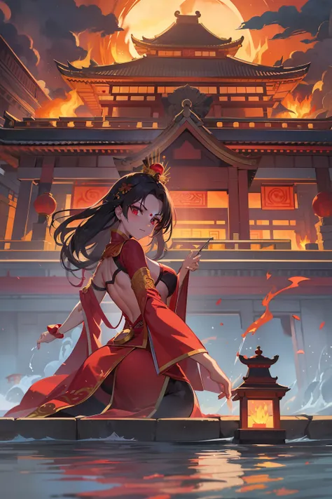 princess azula, evening, sunset, looking at viewer, cleavage, red satin robes, clothed bathing, girl floating above the water, palace, temple, fire, lava, red glowing, smug face,