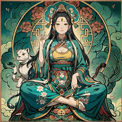 an ancient Chinese goddess, guanyin of the southern seas, Guanyin, Inspired by India, Avalokiteshvara rides a lion，,Serene expression,shui mo hua,Buddha,Buddhist,Lotus,Chinese painting style,Thangka style