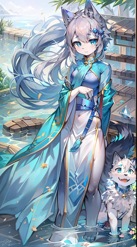 Water，Big-tailed wolf，blue color eyes，Gray hair，on cheongsam