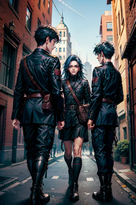 A group of 3 friends aged 13 and 14 form in a defensive position in the war years., They are talking about how to defend themselves from the enemy army when they invade the city 14 years of blue hair, The 14-year-old boy with straight hair with his back un...