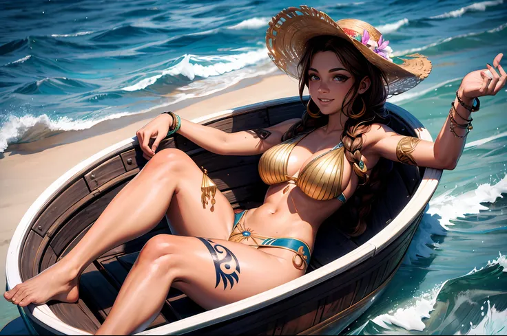 Un barco de lujo y una hermosa mujer bronceada, Cuerpo definido y tatuado tomando el sol en la proa del barco.  (La mejor calidad)  obra maestra