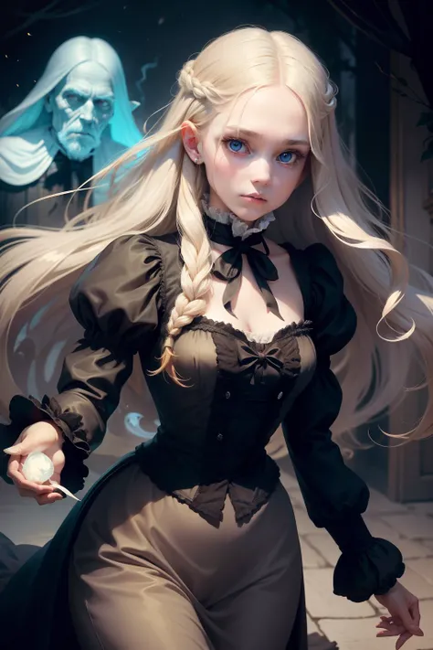 draw victorian horror fantasy, skinny sexy 15 yerars old Virginia Otis cute face f long blond hair and blu eyes youngest cute face, pursued by the canterville ghost, she draws the ghost as a very thin old man by Touko