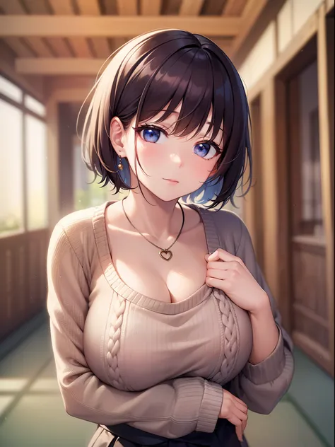 (Best Quality, 8k, 32k, Masterpiece, UHD: 1.2), Cute Japan Woman Pictures, Big Breasts, Very Short Bob Hair, Upper Body, (oversized_sweater,:1.1) Necklace, Simple Background, Look Around