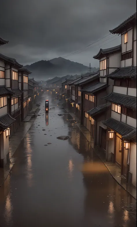 Arafed view of a village，a lot of lights on the buildings，dreamy Chinese towns，Chinese Village，amazing wallpapers，Chinese architectural town，Chinese Village，surreal photo of a small town，old asian village，Japan city，Raymond Han，rainy evening, Cyberpunk anc...