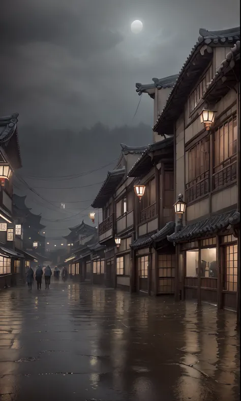 Arafed view of a village，a lot of lights on the buildings，dreamy Chinese towns，Chinese Village，amazing wallpapers，Chinese architectural town，Chinese Village，surreal photo of a small town，old asian village，Japan city，Raymond Han，rainy evening, Cyberpunk anc...