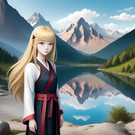 drak，teens girl，blond hairbl，Hanfu，mountain ranges，lakes